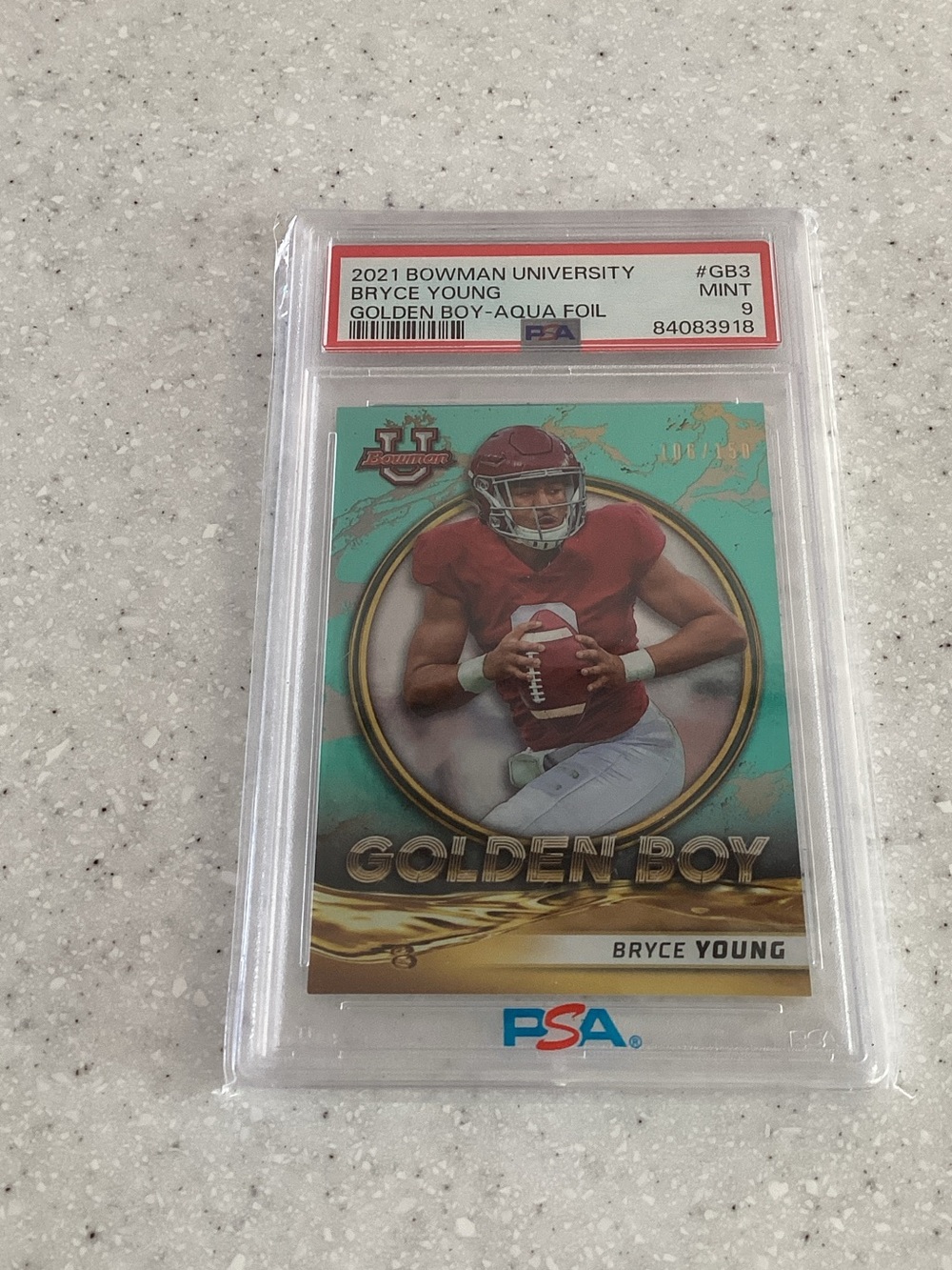 2021 Bowman University Bryce Young "Golden Boy" Aqua Foil PSA 9